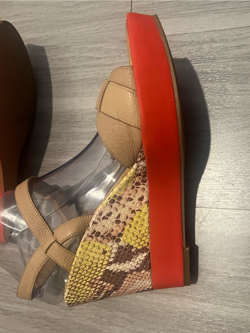 Cole Haan Tan Leather Wedge Sandals Snake-Print Heel Red Platform Size 10B - Picture 4 of 13